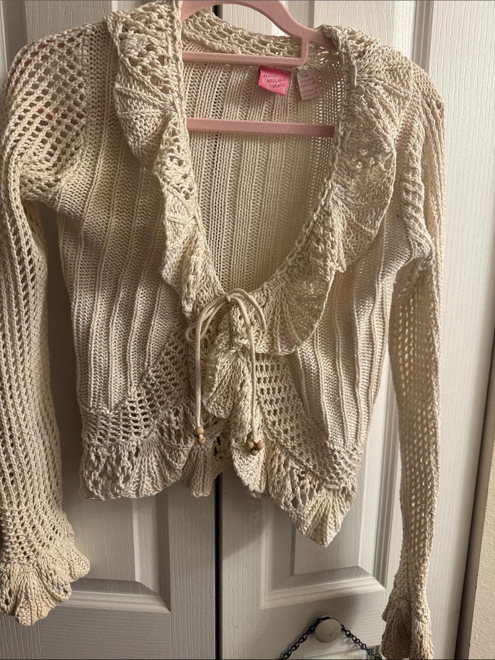 Crochet-Detail Tie-Front Knit Cardigan in Cream